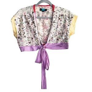 Anthropologie A Common Thread Sequin Cropped Wrap Tie Front Blouse Top Medium